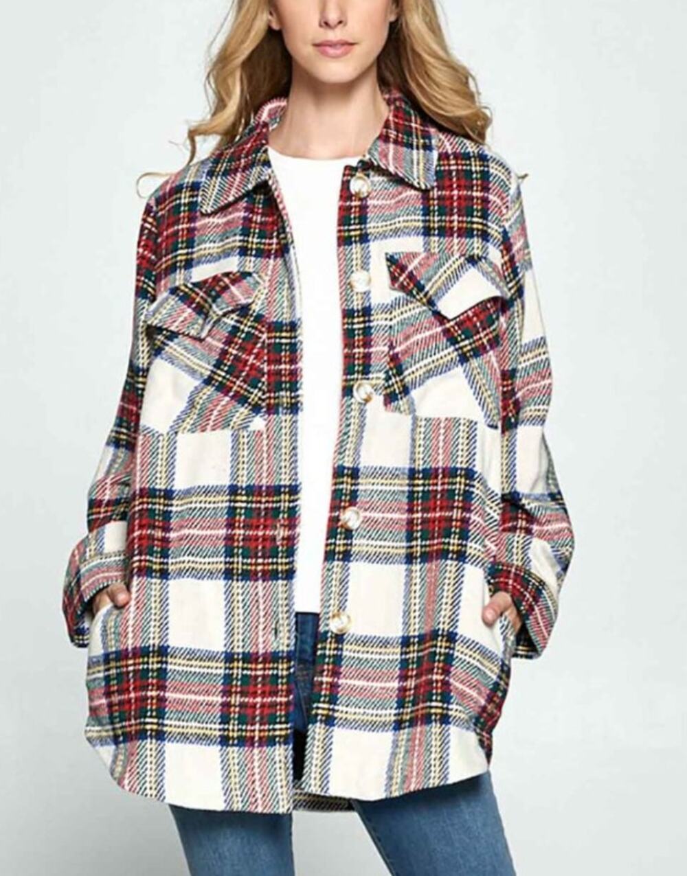 ELLISON Oversized Plaid Shacket Button Up Long Sleeve Red Multi Womens Size M